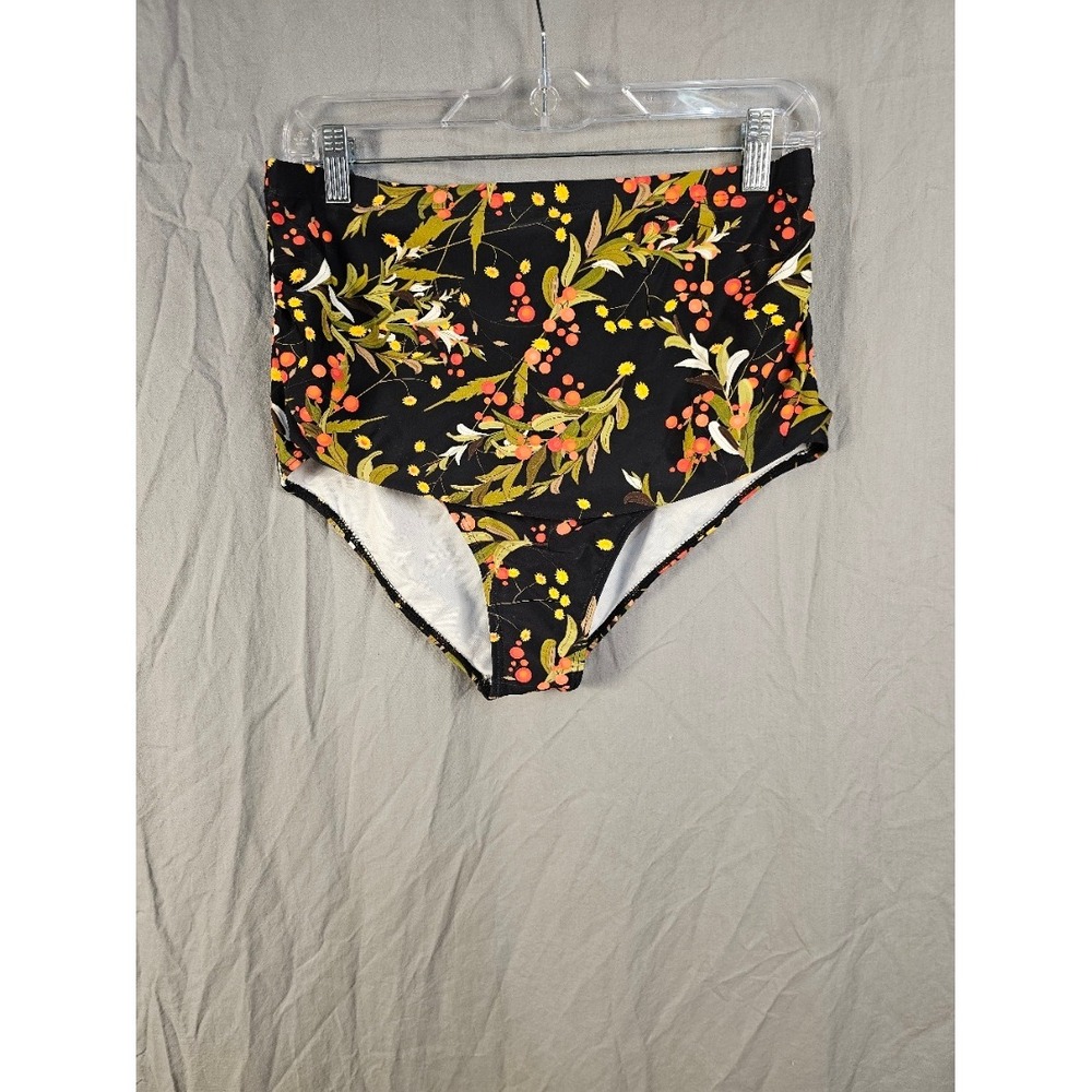 Floral High Waisted Swim Bottoms Black Orange Yellow Botanical Print XL